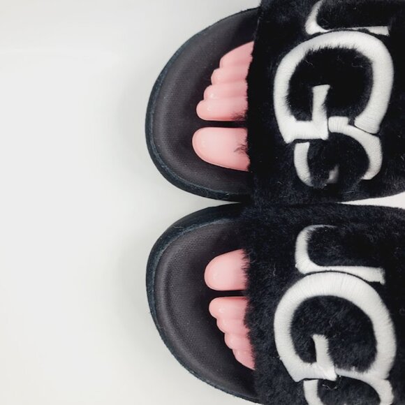 UGG Women's Black White Laton Trim Fur Slip-On Casual Slide Sandal Size 10 - Picture 3 of 7